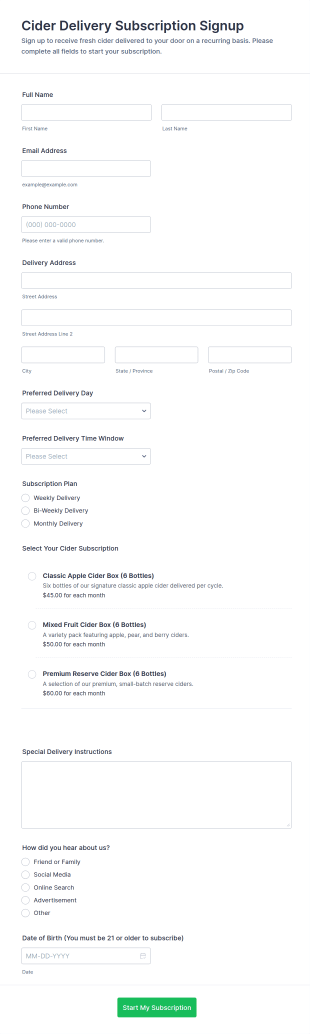 Cider Delivery Subscription Signup Form Template