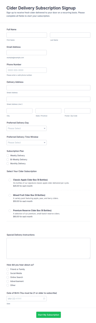 Cider Delivery Subscription Signup Form Template