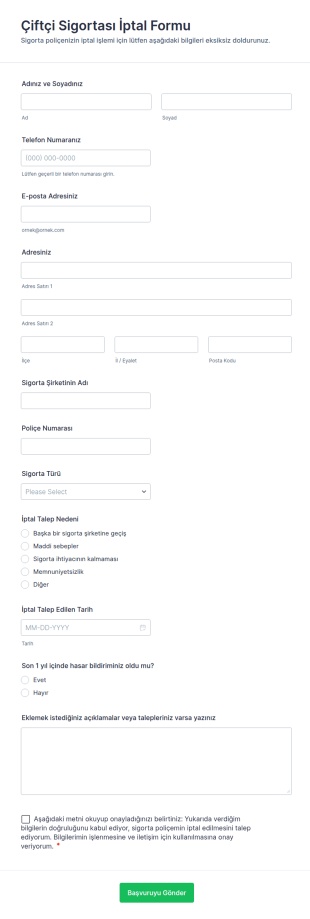 Çiftçi Sigortası İptal Form Şablonu
