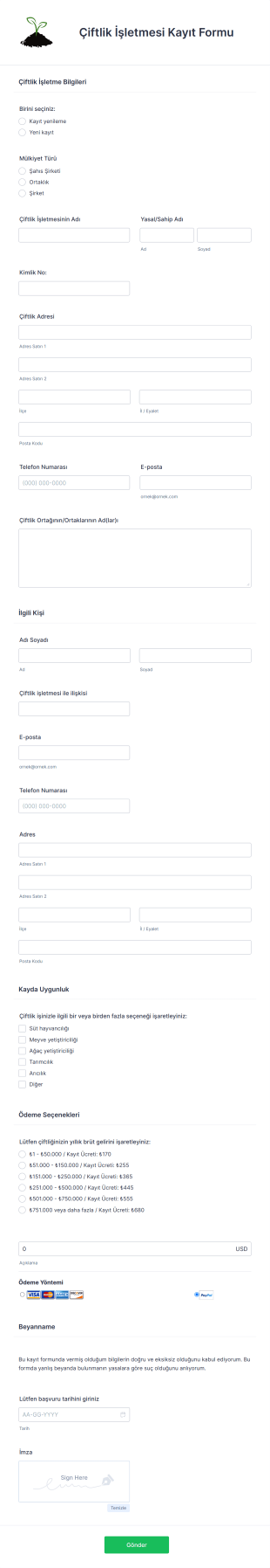 Çiftlik İşletmesi Kayıt Form Template