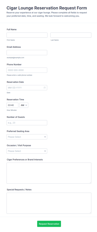Cigar Lounge Reservation Request Form Template