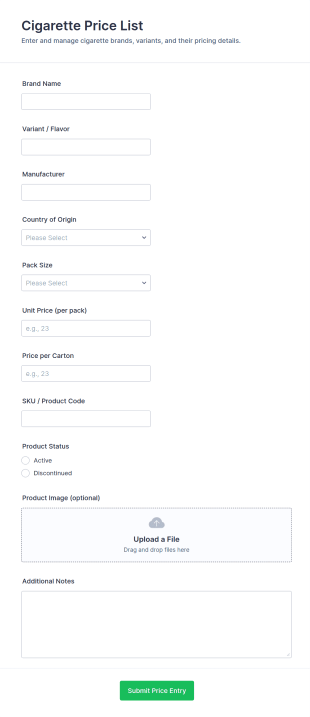 Cigarette Price List Form Template