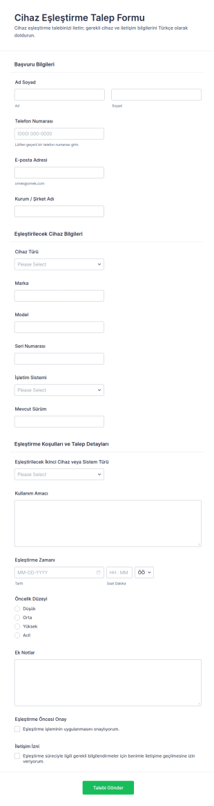 Cihaz Eşleştirme Talep Form Şablonu