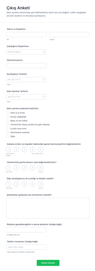 Çıkış Anketi Form Şablonu