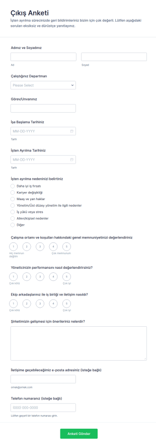 Çıkış Anketi Form Şablonu
