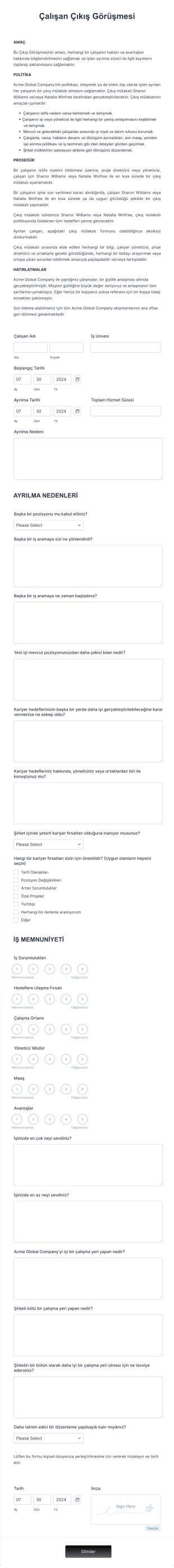 Çıkış Görüşmesi Form Template