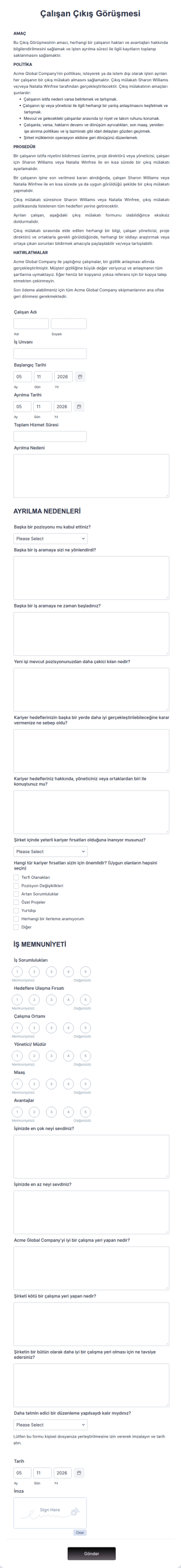 Çıkış Görüşmesi Form Şablonu