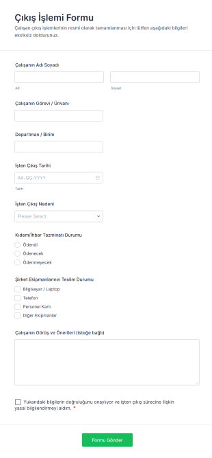 Çıkış İşlemi Form Template