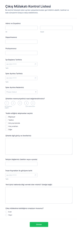 Çıkış Mülakatı Kontrol Listesi Form Şablonu