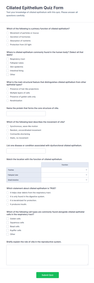 Ciliated Epithelium Quiz Form Template