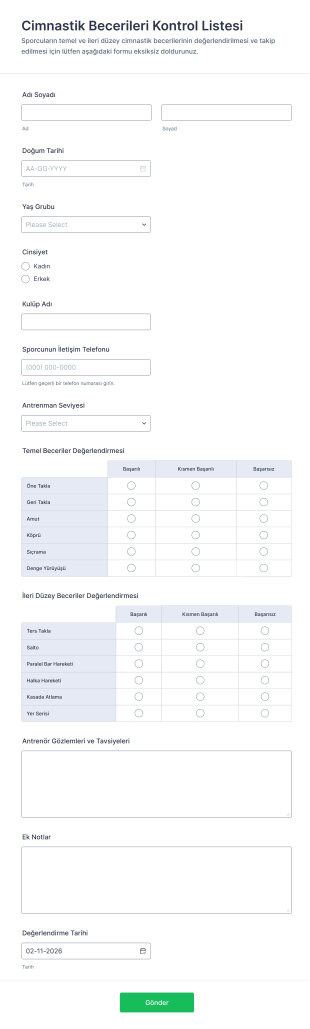 Cimnastik Becerileri Kontrol Listesi Form Şablonu