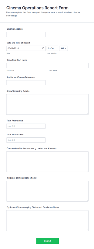 Cinema Operations Report Form Template
