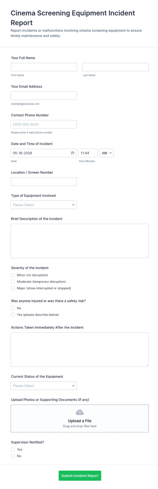 Cinema Screening Equipment Incident Report Form Template