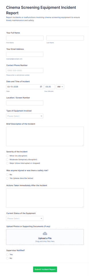 Cinema Screening Equipment Incident Report Form Template