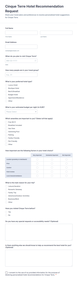 Cinque Terre Hotel Recommendation Request Form Template
