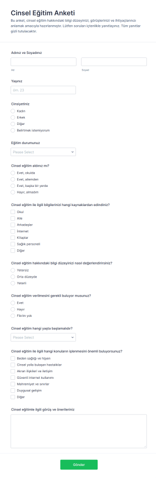 Cinsel Eğitim Anketi Form Şablonu
