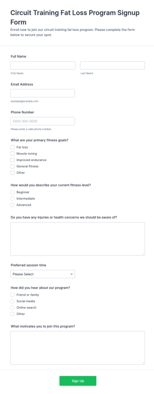 Circuit Training Fat Loss Program Signup Form Template