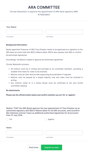 Board Resolution Approval Form Template