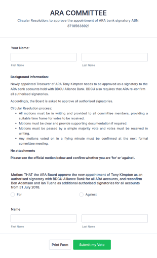 Board Resolution Approval Form Template
