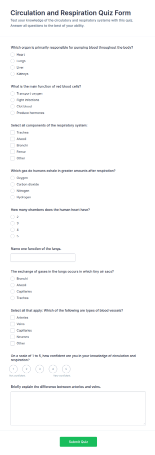 Circulation And Respiration Quiz Form Template