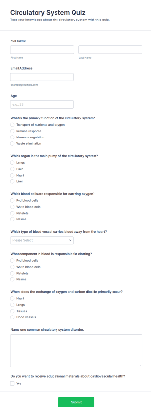 Circulatory System Quiz Form Template