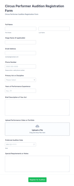 Circus Performer Audition Registration Form Template