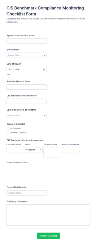 CIS Benchmark Compliance Monitoring Checklist Form Template
