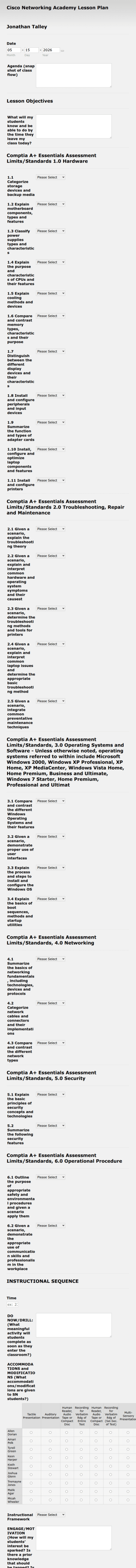 Cisco Networking Academy Lesson Plan Form Template