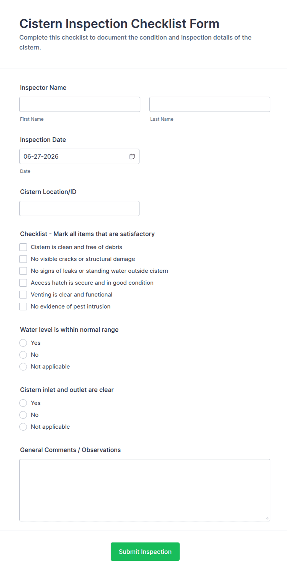 Cistern Inspection Checklist Form Template | Jotform