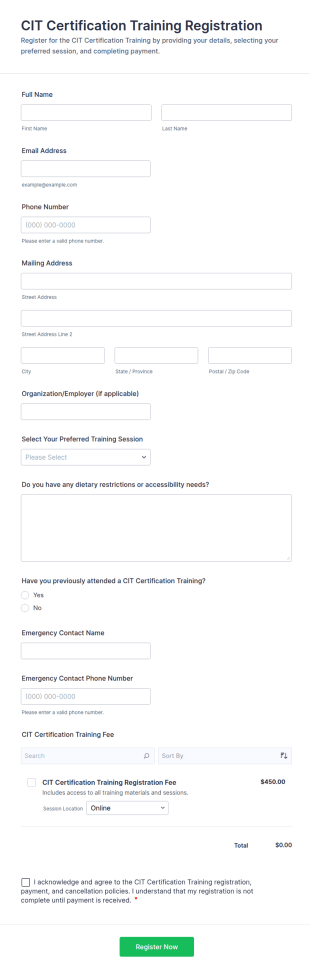 CIT Certification Training Registration Form Template