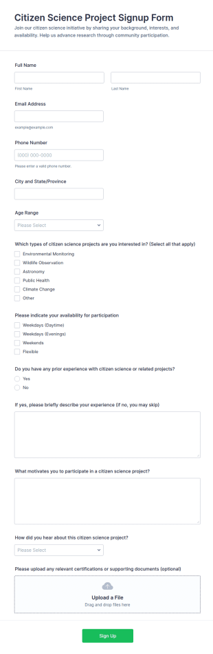 Citizen Science Project Signup Form Template