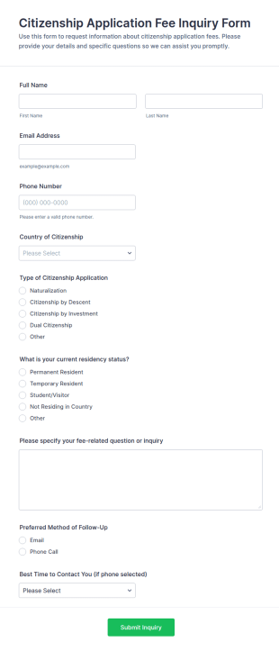 Citizenship Application Fee Inquiry Form Template