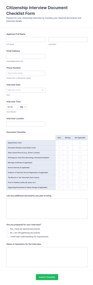 Citizenship Interview Document Checklist Form Template