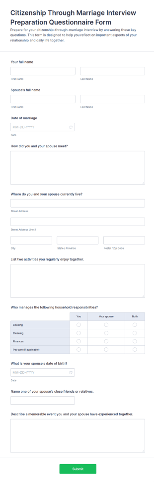 Citizenship Through Marriage Interview Preparation Questionnaire Form Template