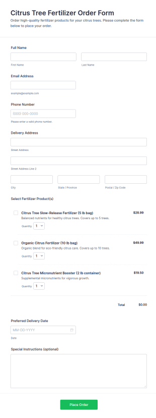 Citrus Tree Fertilizer Order Form Template
