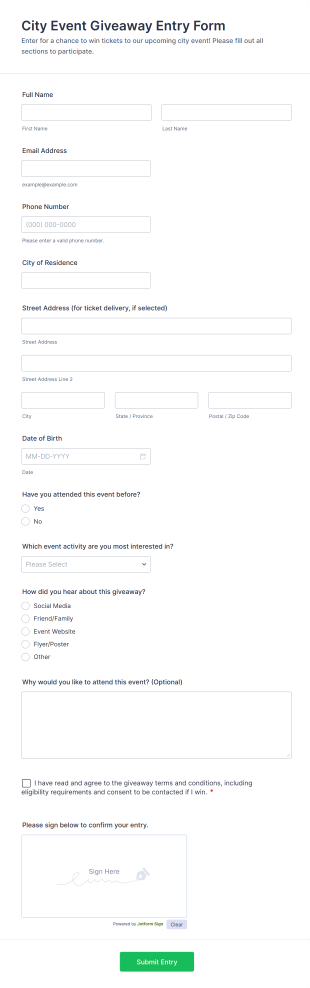 City Event Giveaway Entry Form Template