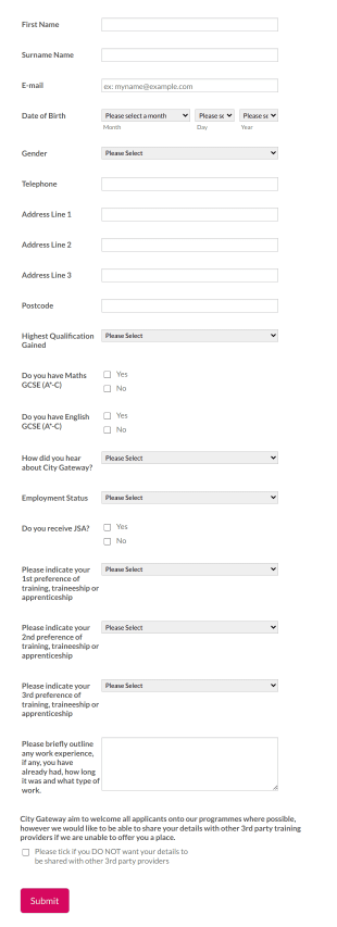City Gateway Training Application Form Template