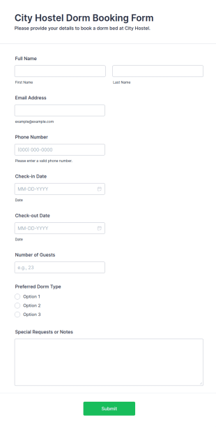 City Hostel Dorm Booking Form Template