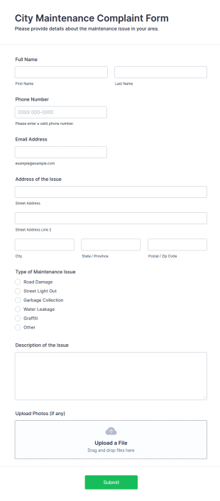 City Maintenance Complaint Form Template