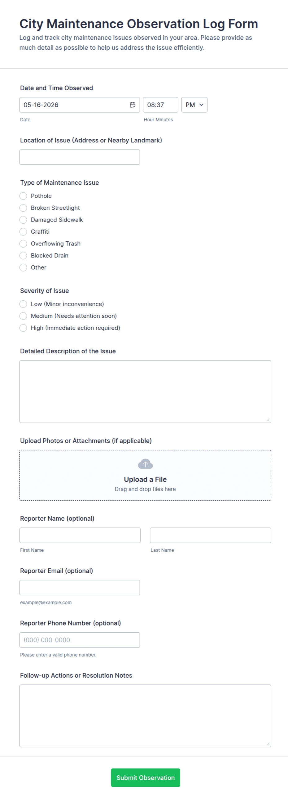 City Maintenance Observation Log Form Template | Jotform