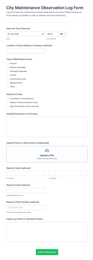 City Maintenance Observation Log Form Template