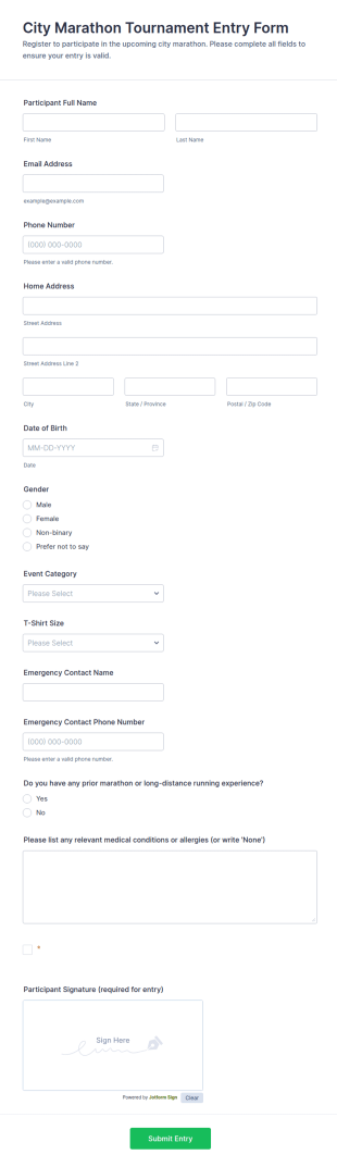 City Marathon Tournament Entry Form Template