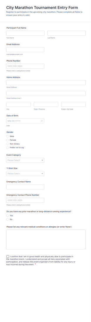 City Marathon Tournament Entry Form Template