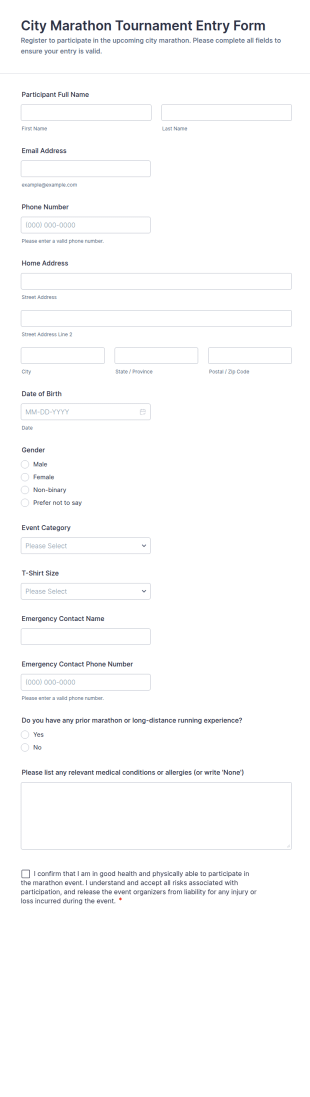 City Marathon Tournament Entry Form Template