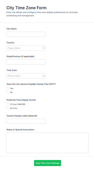 City Time Zone Form Template