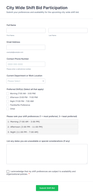 City Wide Shift Bid Participation Form Template