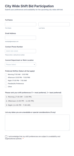 City Wide Shift Bid Participation Form Template