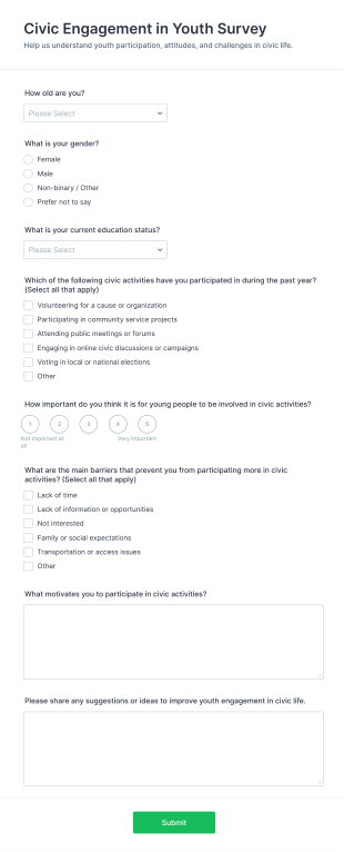 Civic Engagement In Youth Survey Form Template