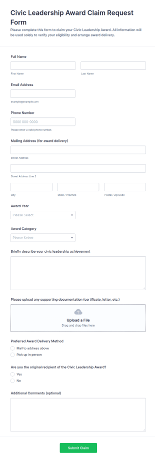 Civic Leadership Award Claim Request Form Template