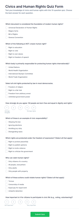 Civics And Human Rights Quiz Form Template